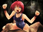  barbed_wire blood blue_eyes guro hinomoto_hikari kaiga mole pubic_hair rape red_hair saliva staples swimsuit_aside tokimeki_memorial tokimeki_memorial_2 