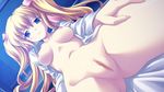  16:9 bed blonde_hair blue_eyes bow breasts character_request hair_ribbon highres looking_at_viewer open_clothes open_shirt pov pov_eye_contact pussy ribbon shirt twintails uncensored wallpaper 