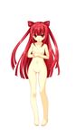  :d barefoot beatmania beatmania_iidx breast_hold breasts feet flat_chest full_body hair_rings highres kinoshita_ichi long_hair nipples no_pussy non-web_source nude open_mouth red_eyes red_hair simple_background smile solo standing twintails two_side_up umegiri_ameto 