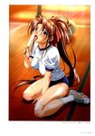  arm_support between_legs blue_eyes blush braid breasts brown_hair buruma erect_nipples gym_uniform hand_between_legs ice kneeling licking_ice long_hair lovers nipples sexually_suggestive single_braid taki_minashika tongue 