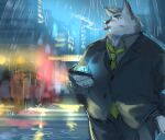  2021 anthro black_nose bottomwear canid canine canis cellphone city clothing detailed_background ga_sai7 grey_body hi_res kemono male mammal necktie night outside overweight overweight_male pants phone raining shirt smartphone smoking solo suit topwear wolf 