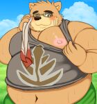  2021 anthro belly blush bodily_fluids bottomwear clothing cloud detailed_background eyewear glasses humanoid_hands kemono lifewonders male mammal marumori0619 moobs navel nipples obese obese_male outside overweight overweight_male pants shirt solo sweat tink tokyo_afterschool_summoners topwear towel ursid video_games volos 