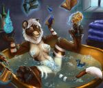  4_toes anthro bath bath_toy bathing bathroom bathtub beverage book bottle breasts caribou_(artist) digitigrade eyes_closed feet felid female genitals leaning leaning_back lion magic magic_user mammal markings nude pantherine pawpads pitcher pussy relaxing smile soap soap_bubbles solo sponge strategically_covered suds toes towel water window 