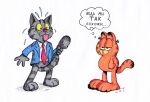  clothing cyrillic_text domestic_cat duo felid feline felis fritz_the_cat fritz_the_cat_(character) garfield_(series) garfield_the_cat lisobelka_art looking_at_viewer male mammal russian_text suit text translated 