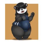  1:1 2021 absurd_res black_hair border breasts clothed clothing eyes_closed female fully_clothed giant_panda hair hi_res louart mammal navel open_mouth open_smile overweight smile ursid white_border 