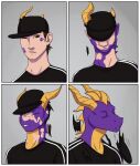  2019 activision anthro border clothed clothing comic dragon eyelashes eyes_closed fully_clothed growth headgear headwear hi_res horn horn_growth human male mammal purple_body purple_scales rileyomalley scales snout snout_growth solo spyro spyro_the_dragon torn_clothing torn_headwear transformation transformation_sequence video_games white_border 
