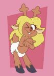  2021 anthro black_eyes blonde_hair blush brown_body brown_fur buckteeth capreoline cervid clean_diaper clothed clothing deltarune diaper diaper_only female fur hair hi_res hooves horn long_hair mammal mrvonfuzzlebutt navel noelle_holiday one_eye_closed pink_background red_nose reindeer scut_tail short_tail simple_background solo teenager teeth topless undertale_(series) video_games young 
