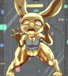  against_surface anthro bottomless breasts censor_bar censored cleavage clothed clothing cottontail disney female genitals gold_(metal) hi_res ineffective_censorship judy_hopps lagomorph leporid mammal on_glass petrification pussy rabbit short_stack small_breasts solo thick_thighs transformation wide_hips zootopia 