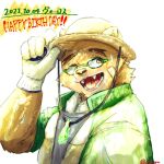  1:1 2021 anthro brown_body brown_fur clothing english_text eyewear fur glasses hat headgear headwear hi_res kannepaz kemono lifewonders male mammal overweight overweight_male portrait shirt simple_background solo straw_hat text tokyo_afterschool_summoners topwear ursid video_games volos white_background 