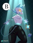  2021 3:4 anthro blush butt clothing conditional_dnp darkner deltarune detachable detachable_limbs dialogue digital_drawing_(artwork) digital_media_(artwork) english_text female hi_res leggings legwear lol_comments looking_at_viewer machine nikoyishi patreon patreon_logo robot rubber shaded sketch solo speech_bubble tasque_manager text thick_thighs undertale_(series) video_games 