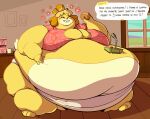  absurd_res animal_crossing anthro belly big_belly big_breasts blush blush_stickers bottomwear breasts brown_body brown_fur canid canine canis chubby_cheeks cleavage clothed clothing container cup deep_navel dessert detailed_background dewlap_(anatomy) dialogue dialogue_box domestic_dog double_chin doughnut doughnut_box dress_shirt eating english_text eyes_closed female flabby_arms flower food fur furniture geodudeman124 grin hair hair_bun hand_on_stomach happy header header_box hi_res holding_doughnut holding_food holding_object huge_breasts huge_hips huge_thighs hyper hyper_belly hyper_hips hyper_thighs inside isabelle_(animal_crossing) mammal microphone microskirt midriff miniskirt morbidly_obese morbidly_obese_anthro morbidly_obese_female navel nintendo obese obese_anthro obese_female object_on_belly overweight overweight_anthro overweight_female pale_fur plant shih_tzu shirt skirt smile solo standing straining_buttons table text text_header thick_thighs tied_hair tight_clothing tight_shirt tight_skirt tight_topwear topwear torn_skirt toy_dog video_games wide_hips window yellow_body yellow_fur 