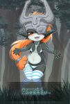  blush clothing dakkoku_jiro female forest hair hi_res humanoid japanese_text legwear looking_at_viewer midna nintendo not_furry orange_hair outside panties plant solo text the_legend_of_zelda thigh_highs translated tree twili twilight_princess underwear video_games 