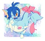  3_fingers 3_toes amber_eyes blue_body blue_hair bow_ribbon dorsal_fin eeveelution extyrannomon_(artist) featureless_crotch feet female feral fin fingers hair half-closed_eyes hi_res narrowed_eyes nintendo pawpads paws pok&eacute;mon pok&eacute;mon_(species) ruka_vaporeon simple_background solo toes tongue tongue_out vaporeon video_games white_body 