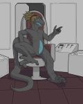  2021 4:5 aliasing alien alternate_version_at_source avian black_claws blue_penis blue_tongue claws digital_media_(artwork) fangs genitals grey_body grey_eyes hair hi_res male open_mouth penis ponytail sitting solo space_station_13 talons tongue vox_(space_station_13) xenopera 