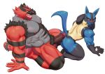  2021 abs absurd_res adios all_fours anthro anthro_on_anthro balls big_muscles big_penis blush bodily_fluids body_hair butt duo erection genital_fluids genitals happy_trail hi_res hot_dogging humanoid_genitalia humanoid_penis incineroar kneeling looking_back lucario male male/male muscular muscular_anthro muscular_male nintendo nipples nude obliques open_mouth open_smile pecs penis pok&eacute;mon pok&eacute;mon_(species) precum pubes simple_background smile spikes spikes_(anatomy) sweat sweatdrop teeth tongue vein video_games white_background 