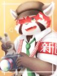  &lt;3 2021 3:4 ailurid anthro biped black_body black_nose camera clothing cute_fangs hat headgear headwear humanoid_hands kemono lifewonders mammal necktie one_eye_closed red_body red_panda shirt solo sora_idiotka suspenders tokyo_afterschool_summoners topwear video_games white_body wink zhurong_(tas) 