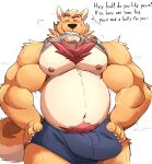  2021 absurd_res anthro belly blush brown_body bulge canid canine canis clothed clothing domestic_dog english_text erection erection_under_clothing hi_res humanoid_hands male mammal moobs musclegut navel nipples overweight overweight_male solo text underwear vitashi 