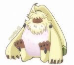  ambiguous_gender angoramon anthro aza_neko bandai_namco cute_fangs digimon digimon_(species) digimon_ghost_game fluffy fur hair hair_over_eyes japanese_text long_ears neck_tuft pawpads simple_background sitting solo text tuft white_background yellow_body yellow_fur 