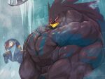  2021 anmtns anthro avian being_watched big_breasts big_muscles blue_eyes blush breasts cobra digital_media_(artwork) duo female hi_res huge_breasts huge_muscles hyper hyper_muscles looking_at_another looking_pleasured male muscular muscular_male reptile scalie shara_(anmtns) shower snake steam vein 