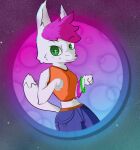  anonymous_artist anthro arctic_fox biped bottomwear breasts canid canine clothed clothing digital_media_(artwork) female fox fur glowstick green_eyes hair hi_res kebby_(reggie_minora) looking_at_viewer mammal pink_hair simple_background smile solo white_body white_fur 