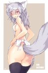  animal_humanoid apron apron_only blue_eyes blush bodily_fluids breasts butt by-sa canid canid_humanoid canine canine_humanoid clothing creative_commons eyebrow_through_hair eyebrows female fox_humanoid gingitsune grey_hair hair hi_res humanoid inner_ear_fluff looking_at_viewer looking_back mammal mammal_humanoid mostly_nude nipple_outline precipitation24 rear_view signature simple_background solo tears translucent translucent_hair tuft 