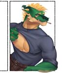  4_fingers abs anthro asian_mythology biceps black_claws black_nose blonde_hair chest_window cigarette claws clothed clothing countershade_face countershade_tail countershade_torso countershading digital_media_(artwork) dragon east_asian_mythology eastern_dragon fingers green_body green_scales green_skin grey_clothing grey_topwear hair hi_res horn male meme multicolored_body multicolored_ears multicolored_scales muscular muscular_anthro muscular_male mythology nipples orange_sclera pecs pink_nipples ratcatcher reptile scales scalie shirt_cut_meme simple_background smile smoking solo tail_tuft tan_body tan_countershading tan_scales tan_skin teeth topwear tuft two_tone_body two_tone_ears two_tone_scales two_tone_tail white_background white_eyes 