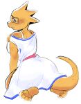  absurd_res alphys anthro barefoot belt big_breasts big_butt blush bodily_fluids breasts butt claws clothed clothing dress eyewear feet female fully_clothed glasses green_eyes herrkir hi_res kneeling lizard looking_at_viewer looking_back looking_back_at_viewer nervous non-mammal_breasts off_shoulder rear_view reptile scales scalie simple_background solo sweat thick_tail thick_thighs undertale undertale_(series) video_games waist_belt wide_hips yellow_body yellow_scales 