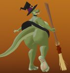  3d_(artwork) anthro big_breasts boa_(snake) breasts clothing costume curvy_figure digital_media_(artwork) feet female foot_focus green_body halloween hat headgear headwear hi_res holidays i2lsx margret_stalizburg reptile scalie snake soles solo thick_thighs voluptuous witch_hat yellow_eyes 