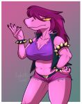 2021 angry anthro armwear belly belly_squish belt big_breasts biped bottomwear bracelet breasts claws clothed clothing cutoffs deltarune denim denim_clothing digital_drawing_(artwork) digital_media_(artwork) dinosaur epileptic_goat female fingers hair handwear hi_res hotpants jacket jewelry looking_at_viewer muscular muscular_female pink_body pink_hair reptile scalie shorts signature simple_background slightly_chubby solo squish standing susie_(deltarune) theropod thick_thighs topwear tyrannosaurid tyrannosaurus tyrannosaurus_rex undertale_(series) video_games watermark yellow_eyes 