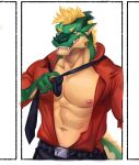  4_fingers abs anthro asian_mythology biceps black_claws black_nose blonde_hair claws clothed clothing countershade_face countershade_tail countershade_torso countershading digital_media_(artwork) dragon east_asian_mythology eastern_dragon fingers green_body green_scales green_skin hair hi_res horn looking_at_viewer male meme multicolored_body multicolored_ears multicolored_scales muscular muscular_anthro muscular_male mythology navel nipples open_clothing open_shirt open_topwear orange_sclera partially_clothed pecs pink_nipples ratcatcher red_clothing red_shirt red_topwear reptile scales scalie shirt shirt_cut_meme simple_background smile smiling_at_viewer solo tail_tuft tan_body tan_countershading tan_scales tan_skin teeth topwear tuft two_tone_body two_tone_ears two_tone_scales two_tone_tail white_background white_eyes 
