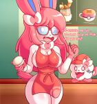  2021 absurd_res anthro anthrofied apron apron_only beverage big_breasts blue_eyes blue_sclera blush breasts cleavage cleavage_overflow clothed clothing coffee coffee_cup container cup dessert digital_media_(artwork) eeveelution embarrassed english_text eyewear female food fur glasses hair hat headgear headwear hi_res holding_cup holding_object i_mean_breast_milk javisylveon_(mintyspirit) looking_at_viewer marker meme mintyspirit mostly_nude nerd nintendo open_mouth pink_hair pok&eacute;mon pok&eacute;mon_(species) pok&eacute;morph pokemon_cafe_mix red_clothing red_eyewear red_glasses red_hat red_headwear ribbons smile starbucks swirlix sylveon text thick_thighs video_games white_body white_fur wide_hips 