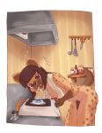  absurd_res anthro appliance areola bent_over biped black_eyes black_hair breasts brown_body brown_fur brown_spots cigarette detailed_background facial_piercing fur genitals gloves_(marking) gynomorph hair half-erect hi_res hyaenid inside intersex japanese_text kitchen kitchen_appliance kitchen_stove mammal markings nipples nude penis piercing rigi short_hair side_view smoking solo spots spotted_body spotted_fur spotted_hyena standing stove text towel wet 