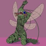  1:1 2021 aliasing ambiguous_gender antennae_(anatomy) arthropod blue_eyes claws female green_body hand_behind_head humanoid kneeling mandibles markings open_mouth pink_background raised_arm red_tongue simple_background solo tattoo teeth tongue wings xenopera 