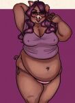  anthro breasts cleavage clothed clothing curled_tail domestic_pig eyewear facial_piercing female glasses hair hand_behind_head mammal navel nipple_outline nose_piercing overweight overweight_anthro overweight_female piercing purple_background purple_hair simple_background solo standing string_panties suid suina sus_(pig) underwear unknown_artist 