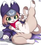  4_toes 5_fingers anthro blue_eyes breasts brown_body brown_fur brown_pawpads capcom claws clothing featureless_breasts featureless_crotch feet felid feline felis felyne female fingers fur hair krokobyaka looking_at_viewer lying lynian mammal monster_hunter monster_hunter_stories monster_hunter_stories_2:_wings_of_ruin navel neckerchief on_side one_leg_up pawpads paws raised_leg simple_background small_breasts solo text thick_thighs toes tongue tongue_out tsukino_(monster_hunter_stories) url video_games whiskers white_background 