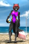  2021 2:3 4_toes absurd_res anthro ball barefoot beach black_body black_fur black_nose breasts canid canine claws clothed clothing digital_media_(artwork) digitigrade feet female fingers fox fur grin hair hi_res hindpaw holding_volleyball humanoid_hands looking_at_viewer mammal mykegreywolf one-piece_swimsuit paws red_hair sand seaside smile solo sport_swimsuit standing swimwear teeth toe_claws toes volleyball_(ball) volleyball_net water 