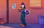  absurd_res alley anthro box canid canine clothed clothing container fox hi_res mammal marykimer neck_tuft simple_background smile tail_fluff trash_can tuft 