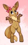  4_fingers 4_toes ambiguous_gender anonymous_artist anthro anthrofied black_eyes brown_body brown_fur brown_hair chest_tuft cute_body cute_fangs cute_pose eevee featureless_crotch feet fingers fur hair hi_res inner_ear_fluff navel nintendo open_palm pawpads paws pink_ribbon pok&eacute;mon pok&eacute;mon_(species) pok&eacute;morph simple_background solo tan_body tan_fur teeth toes tuft video_games 