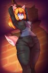  anthro arms_tied bananabreadmaker blonde_hair blue_eyes bound canid canine clothed clothing female fur hair hi_res looking_at_viewer mammal ponytail solo white_body white_fur 