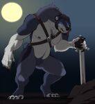  2021 4_toes 5_fingers anthro black_hair black_nose blue_body blue_fur claws crotch_tuft digital_media_(artwork) digitigrade elbow_tufts featureless_crotch feet finger_claws fingers full_moon fur grey_body grey_fur hair harness hi_res hindpaw holding_object holding_sword holding_weapon humanoid_hands hunchback kane_mcintyre leather leather_harness looking_at_viewer male mammal melee_weapon moon multicolored_body multicolored_fur night nipples nude pawpads paws pregoo short_hair solo standing sword tattoo teeth toes tuft two_tone_body two_tone_fur ursid weapon were wereursid 
