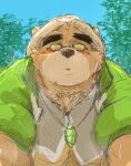  2021 anthro blush brown_body brown_fur brown_nose clothing eyes_closed eyewear fur glasses hat headgear headwear hi_res kemono kotobuki lifewonders male mammal outside overweight overweight_male plant shirt solo tokyo_afterschool_summoners topwear tree ursid video_games volos 