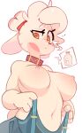  absurd_res accessory anthro bovid breasts caprine clothing collar ear_piercing female goat hair_accessory hairband hi_res horizontal_pupils lhana_(neceet) looking_at_viewer mammal navel neceet nipples overalls overalls_only piercing presenting presenting_breasts pupils simple_background solo 
