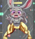  against_surface anthro bottomless breasts censor_bar censored cleavage clothed clothing cottontail disney female genitals gold_(metal) hi_res ineffective_censorship judy_hopps lagomorph leporid mammal on_glass petrification pussy rabbit short_stack small_breasts solo thick_thighs transformation wide_hips zootopia 