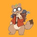  1:1 2021 4_fingers anthro biped black_nose brown_body canid canine clothed clothing eyes_closed fingers hi_res humanoid_hands kemono mammal navel raccoon_dog simple_background solo tanuki tinntira 