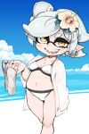  2019 5_fingers accessory aioi_u animal_humanoid beach beauty_mark bikini biped blue_hair blue_sky breasts cephalopod clothing ear_piercing ear_ring eyeshadow female fingers flower flower_in_hair hair hair_accessory hi_res humanoid inkling looking_at_viewer makeup marie_(splatoon) marine marine_humanoid mollusk mollusk_humanoid navel nintendo open_mouth open_smile outside piercing plant portrait pseudo_hair seaside sky smile solo splatoon standing swimwear teeth tentacle_hair tentacles three-quarter_portrait video_games yellow_eyes 