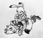  2021 absurd_res anthro arms_tied black_and_white bound canid canine clothed clothing disney duo english_text fox fully_clothed fur hands_behind_back hi_res inktober inktober_2021 judy_hopps lagomorph legs_tied leporid lying mammal monochrome nick_wilde on_front rabbit red_fox rope simple_background text theblueberrycarrots traditional_media_(artwork) white_background zootopia 