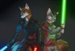  2021 5_fingers anthro brown_body brown_fur canid canine clothed clothing digital_media_(artwork) duo fingers fox fur grey_body grey_fur koul male mammal smile star_wars weapon white_body white_fur 