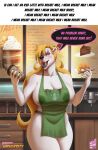  anthro apron apron_only big_breasts blonde_hair breasts cleavage clothed clothing container cup da_polar_inc dialogue english_text female fur green_apron hair hi_res holding_cup holding_object i_mean_breast_milk jill_frozen mammal meme mostly_nude polar_bear solo text ursid ursine white_body white_fur 