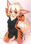  2021 anthro anthrofied arcanine arm_tuft biped black_body black_fur black_nose black_stripes blush breasts brown_eyes countershading female fluffy fluffy_tail fur hair hair_between_eyes hands_behind_head hi_res kageroh kemono kneeling leg_tuft looking_at_viewer multicolored_body multicolored_fur naturally_censored navel neck_tuft nintendo nipple_tuft nude orange_body orange_fur pok&eacute;mon pok&eacute;mon_(species) pok&eacute;morph raised_arms reverse_countershading solo striped_body striped_fur stripes tuft video_games white_body white_fur white_hair 