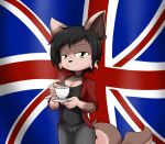  2020 anthro beverage big_breasts black_hair bottomwear breasts british brown_body brown_fur canid canine canis cleavage clothed clothing collar denim denim_clothing digital_media_(artwork) female fingers flag flag_background fur hair jacket jeans looking_at_viewer mammal multicolored_body multicolored_fur pants puckered_lips sandwich-anomaly simple_background solo tan_body tan_fur tea topwear union_jack wolf yellow_eyes 